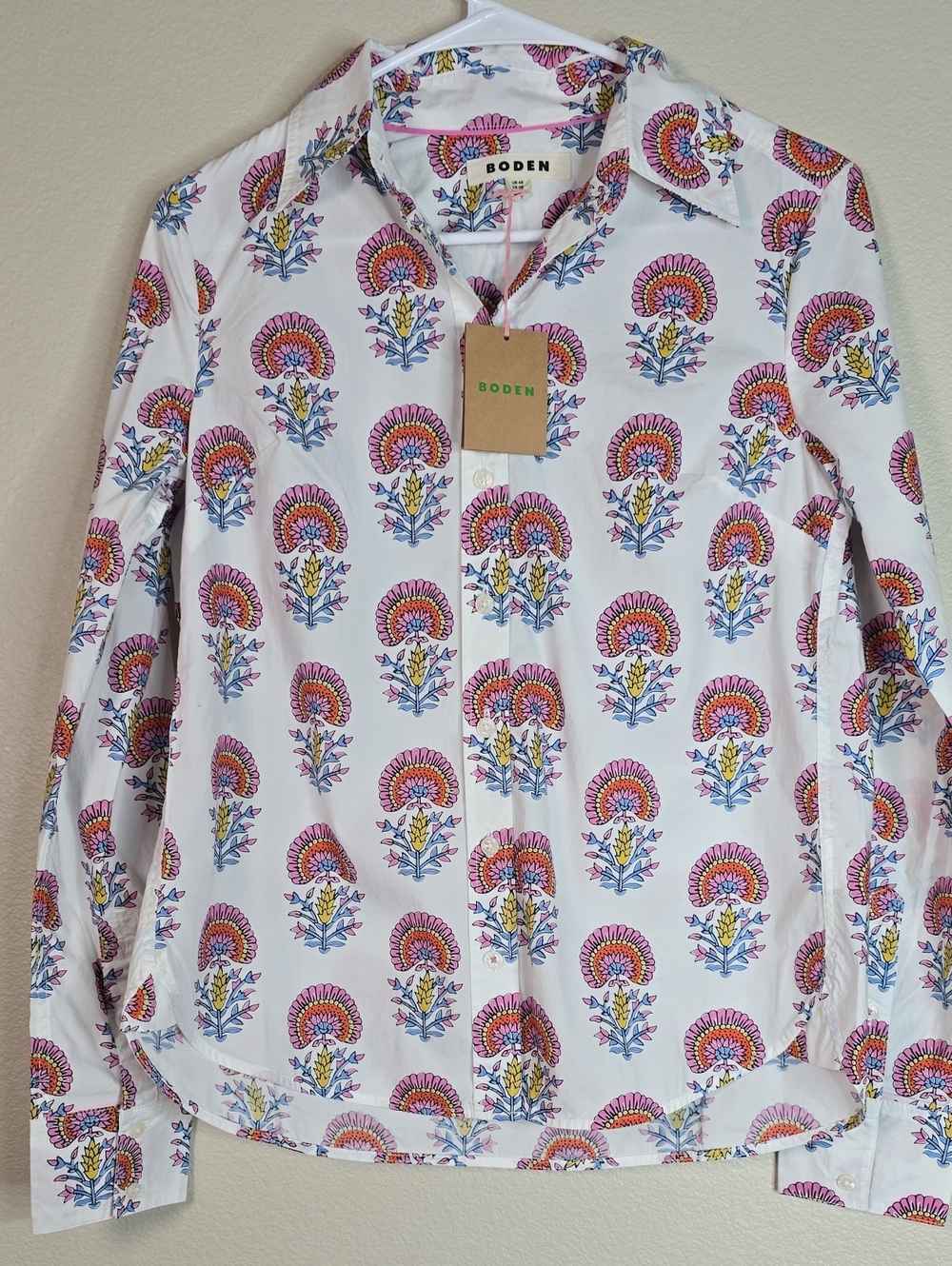 Boden  Sienna White Button-Down Shirt with Pink & Blue Floral Motif Size 0R Nwt - Picture 2 of 7